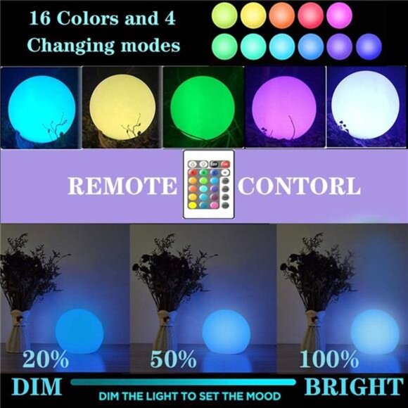 LED Ball Light, 6-Inch Rechargeable & Remote Control Globe Lights 16 RGB - Picture 3 of 8
